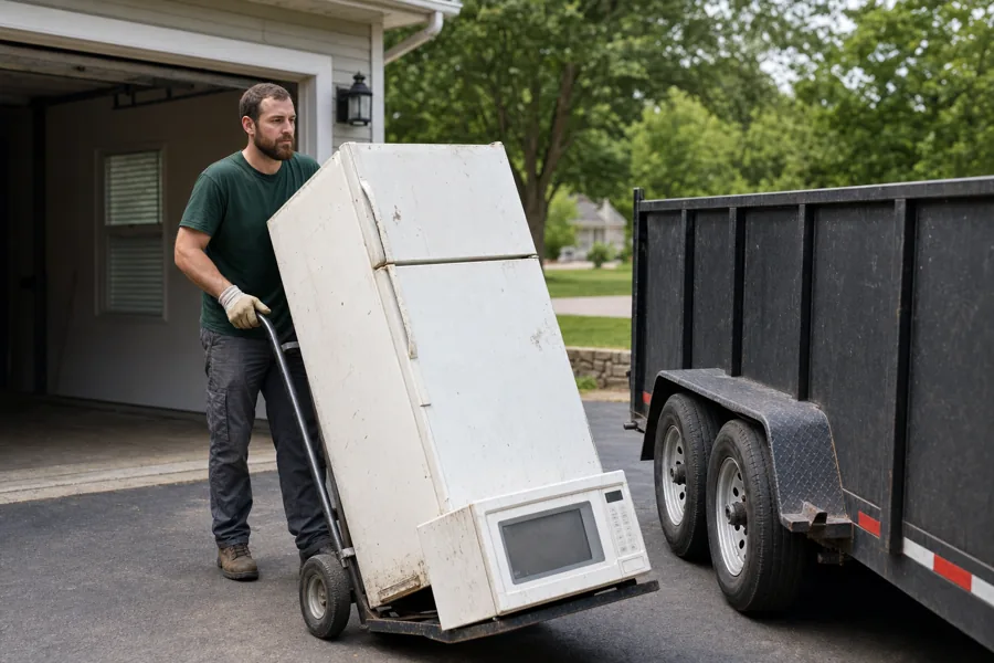 Worker moving an old refrigerator to a trailer