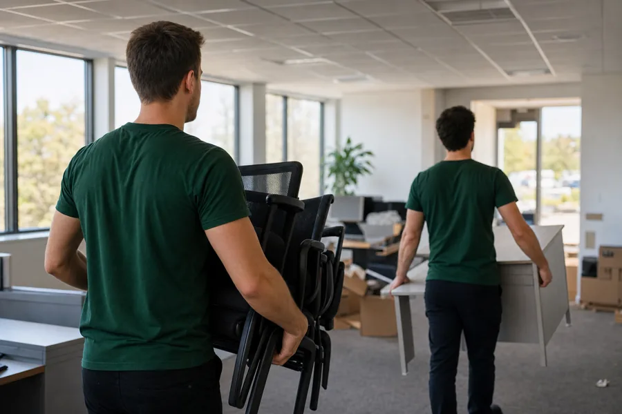 Crew clearing office furniture from a commercial space