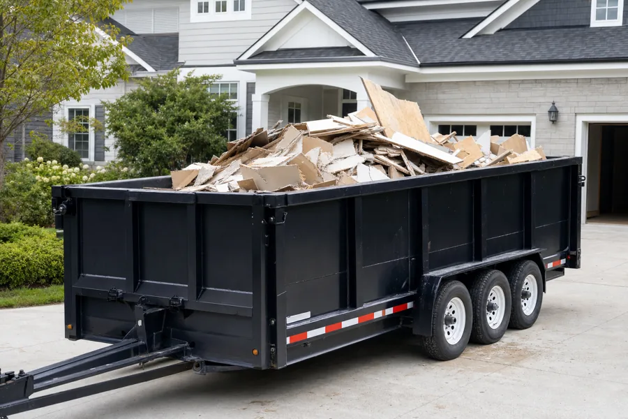 Roll-off dumpster trailer in a driveway being filled