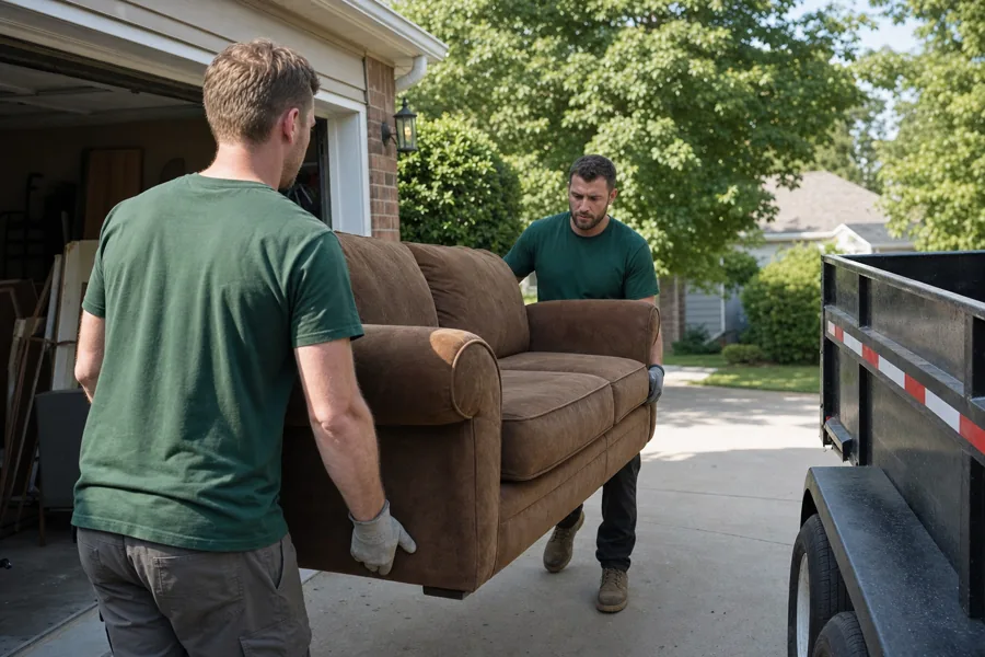 Crew carrying a sofa out of a home