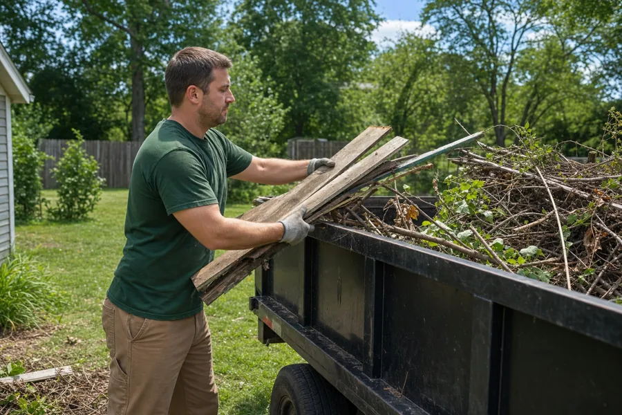 Worker loading old fence and wood into a dump trailer